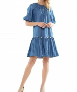 Why Dress NEW ARRIVALS Denim With Pearl Puffy Sleeve Midi Dress