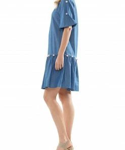 Why Dress NEW ARRIVALS Denim With Pearl Puffy Sleeve Midi Dress