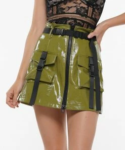 Why Dress POCKET ZIP FRONT BELTED LEATHER MINI SKIRT