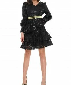 Why Dress Ruffle Tiered Tie Waist Sequin Lace Mini Dress