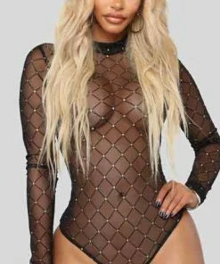Why Dress LONG SLEEVE HOLLOW OUT SOLID COLOR MESH BODYSUIT JUMPSUITS