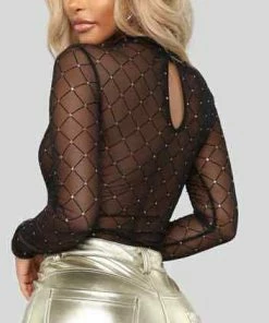 Why Dress LONG SLEEVE HOLLOW OUT SOLID COLOR MESH BODYSUIT JUMPSUITS