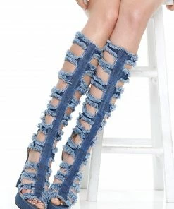 Why Dress PANTS PEEP TOE HOLLOW OUT CHUNKY HEEL DENIM SANDAL