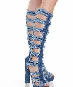 Why Dress PANTS PEEP TOE HOLLOW OUT CHUNKY HEEL DENIM SANDAL
