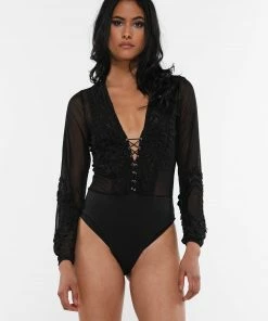 Why Dress BODYSUITS DEEP V-NECK SHEER FLORAL CORSET FRONT LONG SLEEVE