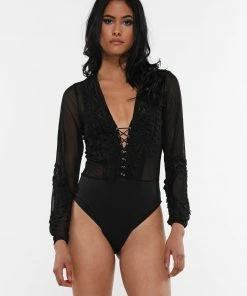 Why Dress BODYSUITS DEEP V-NECK SHEER FLORAL CORSET FRONT LONG SLEEVE 9 Why Dress BODYSUITS DEEP V-NECK SHEER FLORAL CORSET FRONT LONG SLEEVE