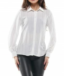 Why Dress TOPS Pinstripe Button Up Long Sleeve Blouse