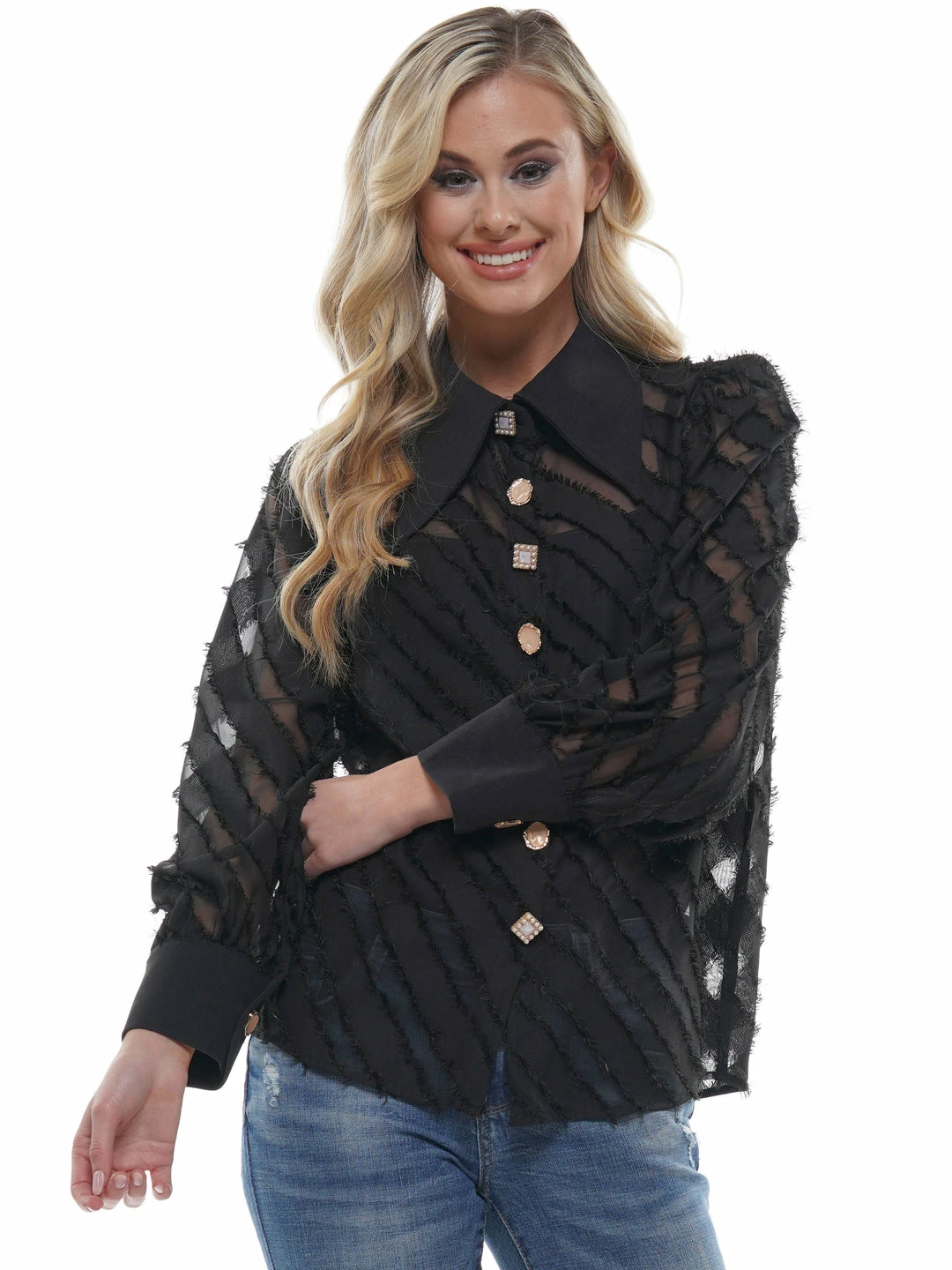 Why Dress TOPS Striped Sheer Frayed Long Sleeve 6 Why Dress TOPS Striped Sheer Frayed Long Sleeve