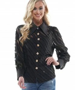 Why Dress TOPS Striped Sheer Frayed Long Sleeve