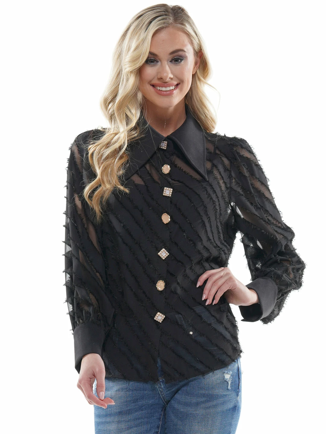 Why Dress TOPS Striped Sheer Frayed Long Sleeve 3 Why Dress TOPS Striped Sheer Frayed Long Sleeve