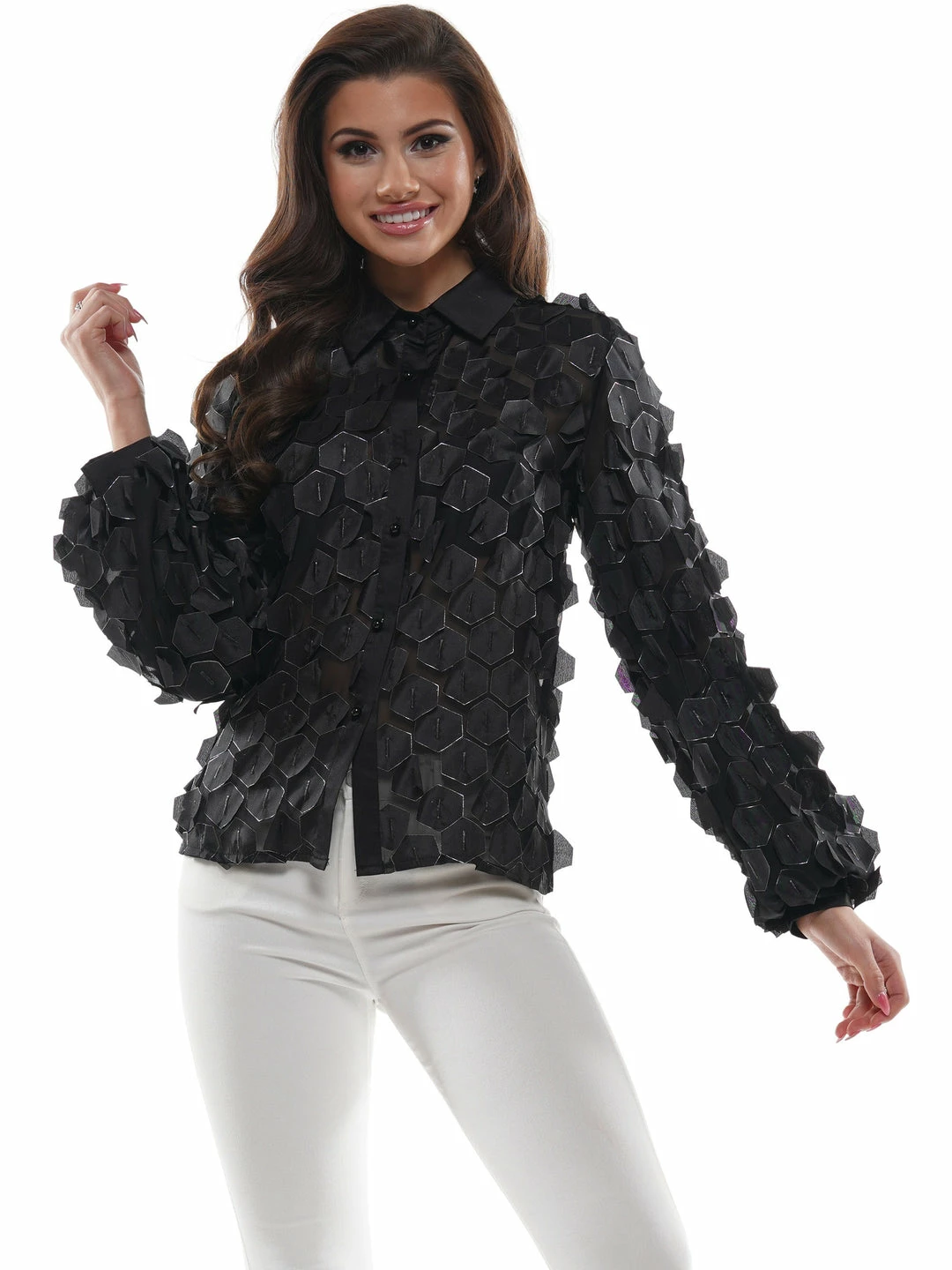 Why Dress TOPS Puffy Hex Sheer Long Sleeve 3 Why Dress TOPS Puffy Hex Sheer Long Sleeve