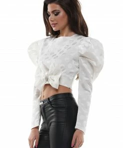 Why Dress Puffy Shoulder Polka Dot Ribbon Crop Top TOPS 18 Why Dress Puffy Shoulder Polka Dot Ribbon Crop Top TOPS