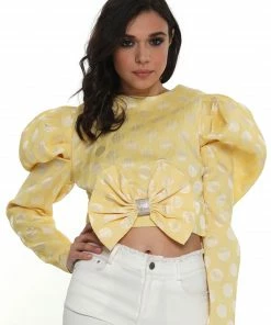 Why Dress Puffy Shoulder Polka Dot Ribbon Crop Top TOPS