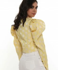 Why Dress Puffy Shoulder Polka Dot Ribbon Crop Top TOPS