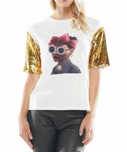 Why Dress Sunglass Girl Patch With Sequin Sleeve T-shirt