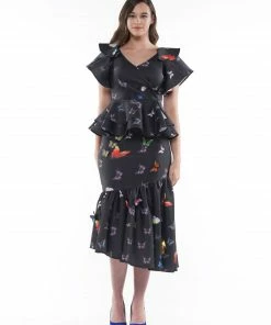 Why Dress Unbalanced Length Butter Fly Pattern Printed On Scuba BOTTOMS