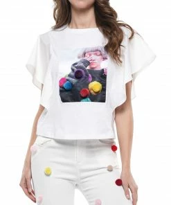 Why Dress Flutter Sleeve Graphic Patch With Pompom T-shirt