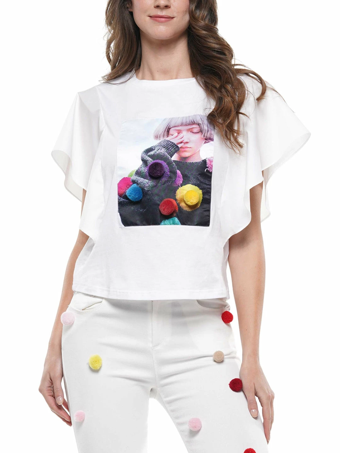 Why Dress Flutter Sleeve Graphic Patch With Pompom T-shirt 3 Why Dress Flutter Sleeve Graphic Patch With Pompom T-shirt