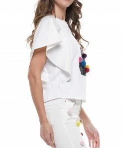 Why Dress Flutter Sleeve Graphic Patch With Pompom T-shirt