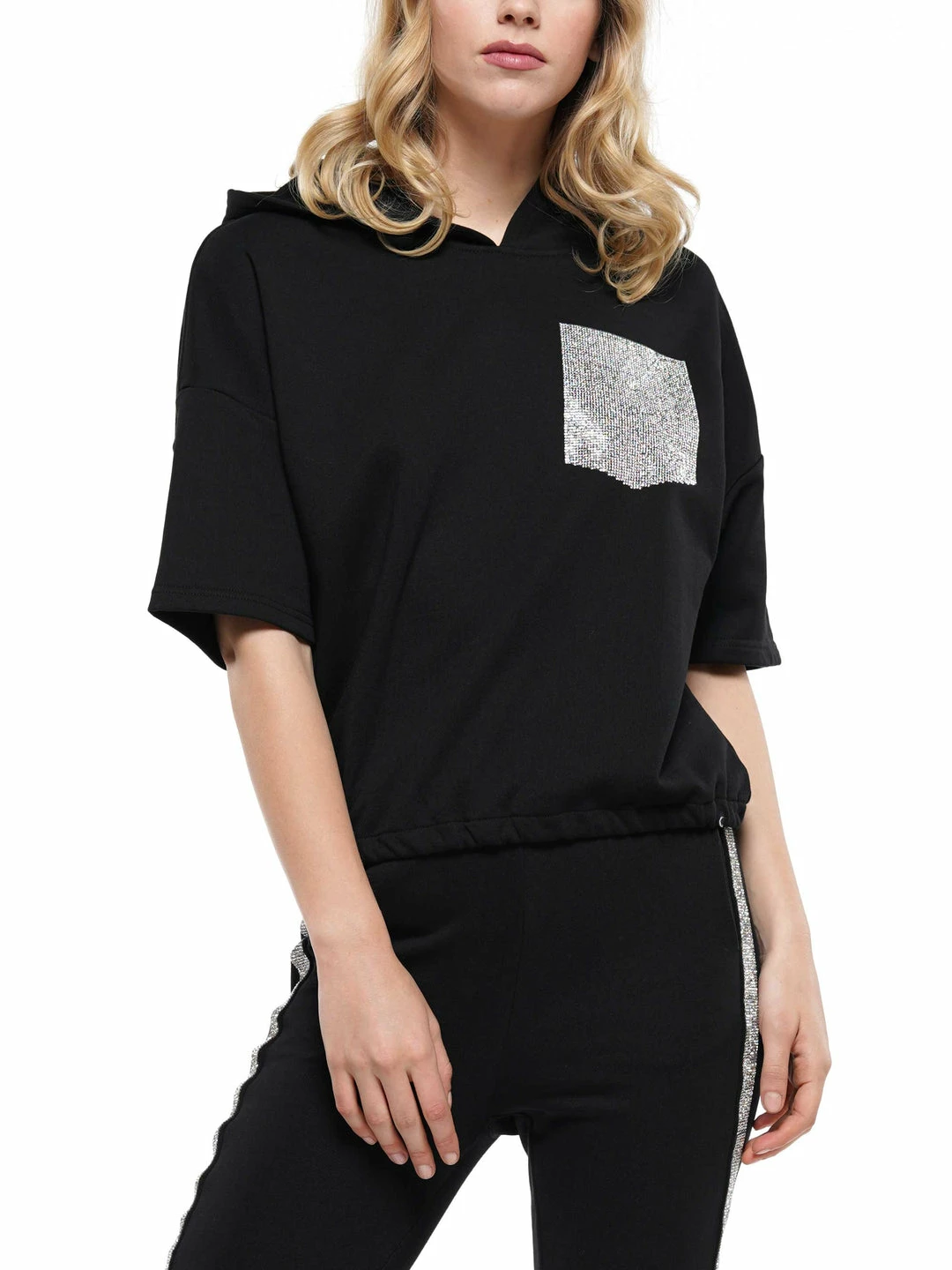 Why Dress Short Sleeve Hoodie Feature Heat Stone Trim 3 Why Dress Short Sleeve Hoodie Feature Heat Stone Trim