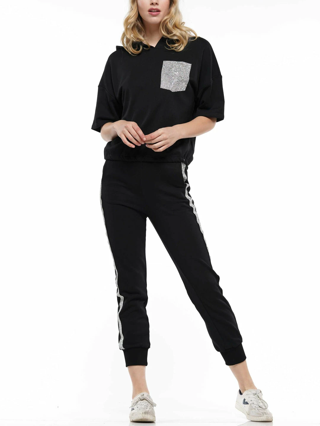 Why Dress Short Sleeve Hoodie Feature Heat Stone Trim 6 Why Dress Short Sleeve Hoodie Feature Heat Stone Trim