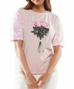 Why Dress TOPS Sequin Sleeve Screen Printed T-shirt