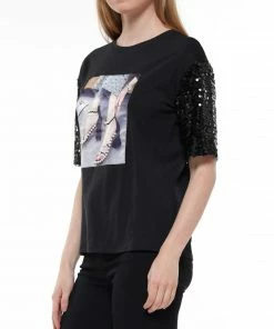 Why Dress Sequin Sleeve Shoe Patch T-shirt